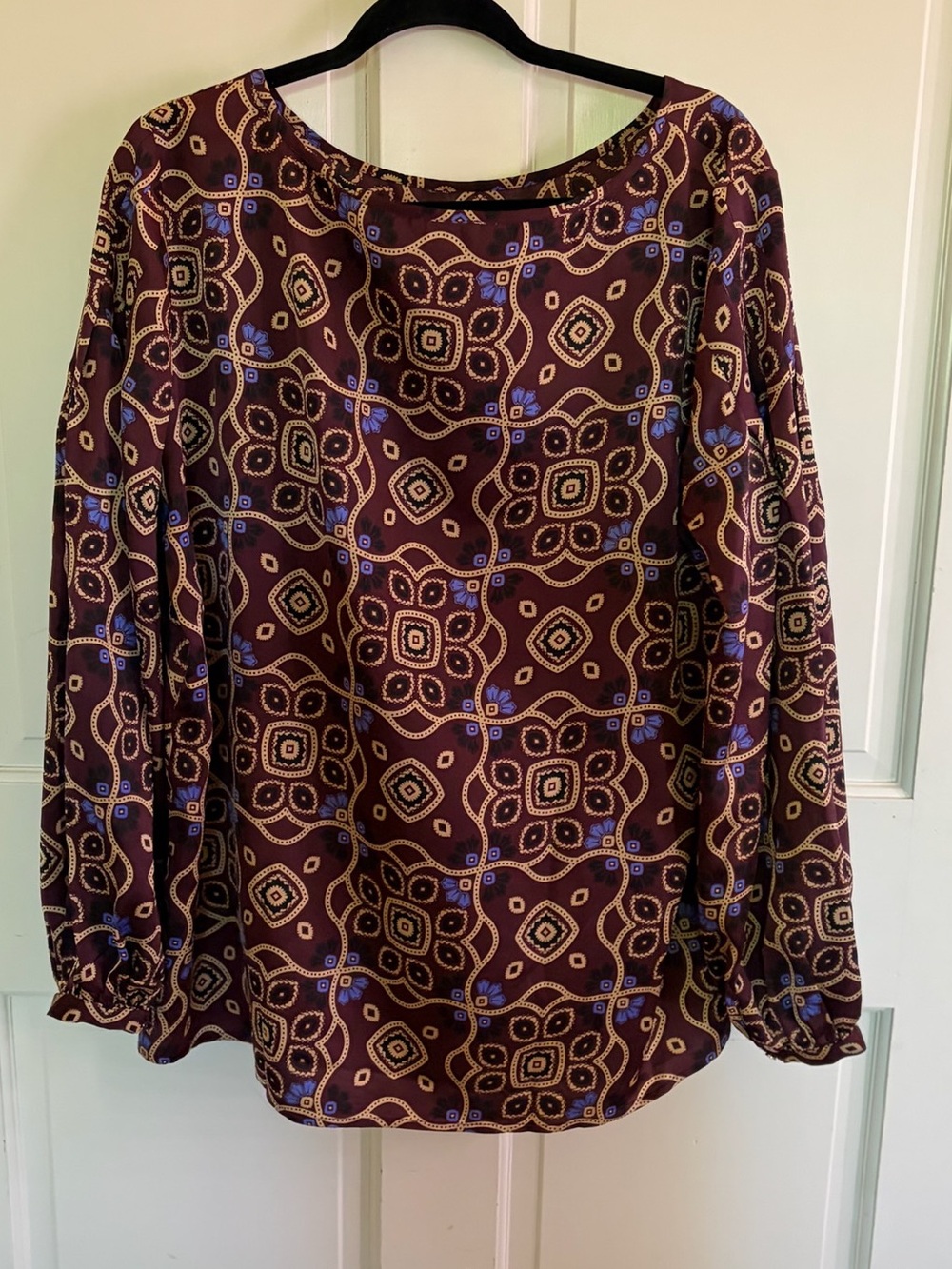 Ann Taylor Burgundy Geometric Print Long Sleeve Blouse